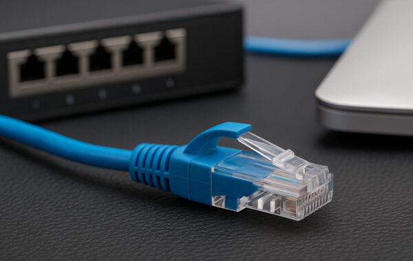 Nahaufnahme eines blauen Patchkabels mit RJ45-Stecker vor Router und Laptop