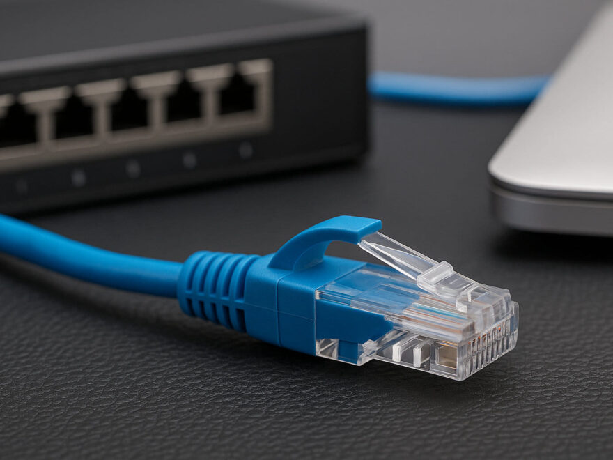 Nahaufnahme eines blauen Patchkabels mit RJ45-Stecker vor Router und Laptop