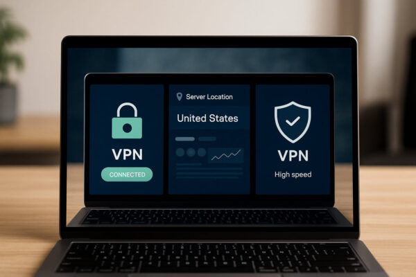Vergleich verschiedener VPN-Oberflächen mit Icons für Sicherheit, Geschwindigkeit und Serverstandorte