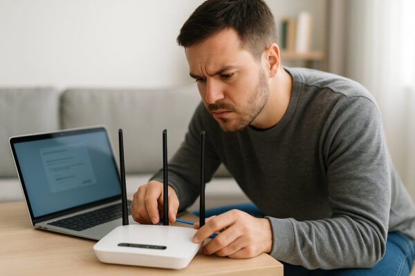 Häufige WLAN-Fehlerquellen erkennen und beheben Person überprüft WLAN-Router und behebt Verbindungsfehler im Heimnetz