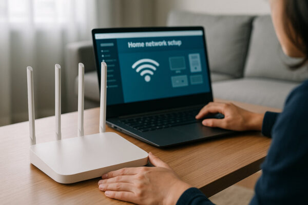 WLAN-Router als Repeater einrichten – Schritt-für-Schritt-Anleitung Person richtet einen WLAN-Router am Laptop im Heimnetzwerk ein
