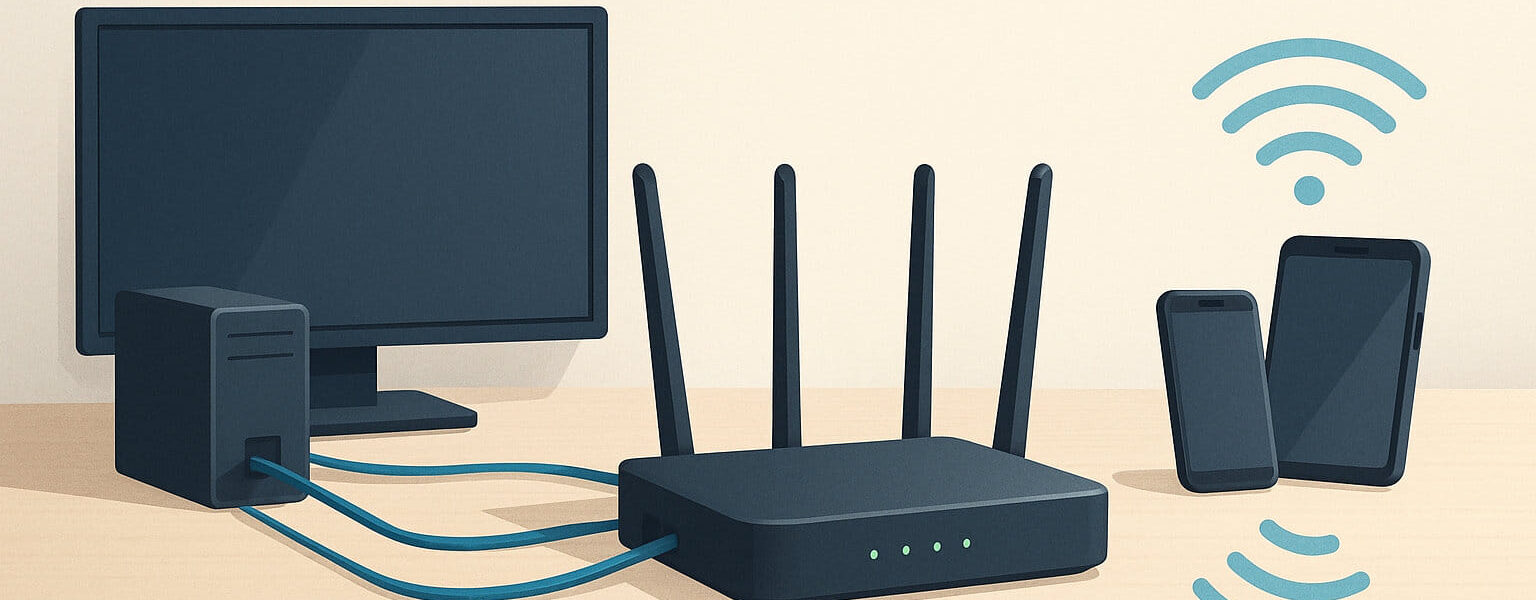 Kombiniertes Heimnetzwerk mit LAN-Kabeln und WLAN-Signal in einer modernen Wohnung