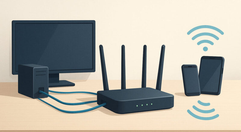 Kombiniertes Heimnetzwerk mit LAN-Kabeln und WLAN-Signal in einer modernen Wohnung