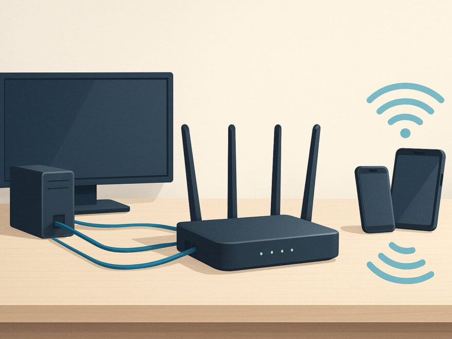 Kombiniertes Heimnetzwerk mit LAN-Kabeln und WLAN-Signal in einer modernen Wohnung