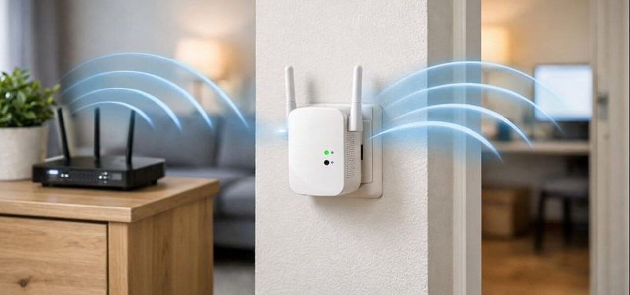 WLAN-Repeater empfängt das Signal eines Routers und verstärkt es für einen weiteren Raum