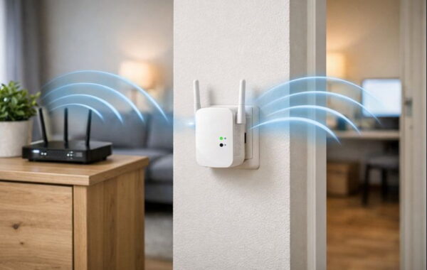 WLAN-Repeater empfängt das Signal eines Routers und verstärkt es für einen weiteren Raum