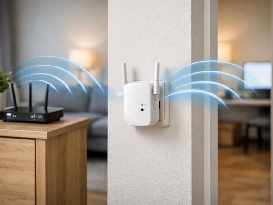 WLAN-Repeater empfängt das Signal eines Routers und verstärkt es für einen weiteren Raum