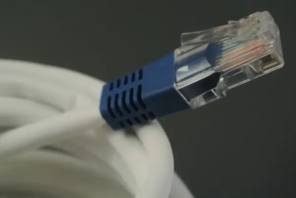 RJ45-Stecker eines Netzwerkkabels als Beispiel für Cat 7 und Cat 8