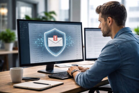 E-Mail Sicherheit als digitales Aushängeschild einer Domain bei der Arbeit am Desktop