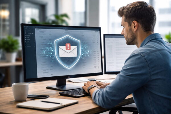 Warum E-Mail Sicherheit das digitale Aushängeschild deiner Domain ist E-Mail Sicherheit als digitales Aushängeschild einer Domain bei der Arbeit am Desktop