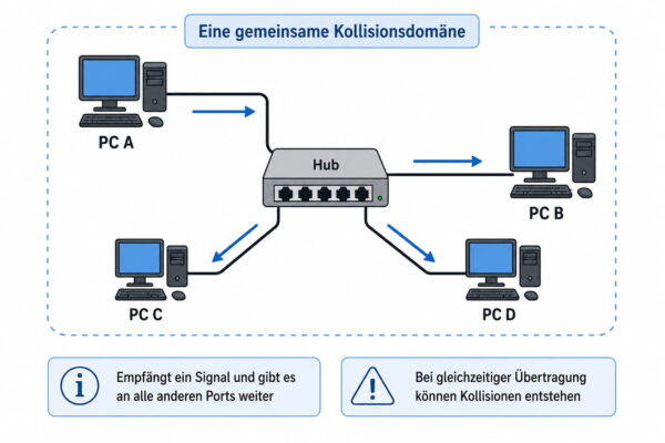Netzwerk-Hub mit gemeinsamer Kollisionsdomäne für alle angeschlossenen Geräte