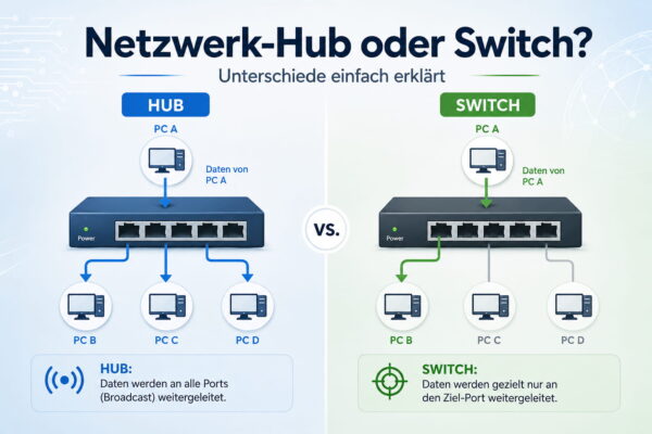 Netzwerk-Hub oder Switch im Vergleich: Hub verteilt Daten an alle Geräte, Switch gezielt an den Empfänger
