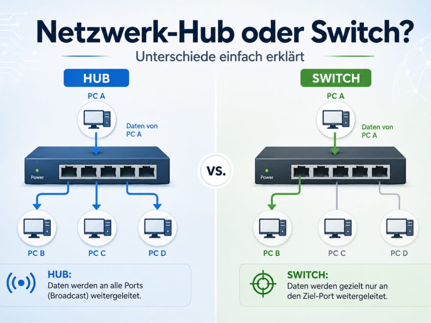 Netzwerk-Hub oder Switch im Vergleich: Hub verteilt Daten an alle Geräte, Switch gezielt an den Empfänger