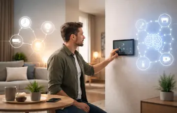 KI im Smart Home: Nutzer steuert intelligente Hausfunktionen über ein zentrales Bedienpanel