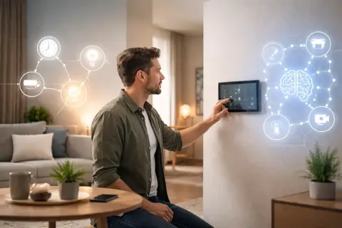 KI im Smart Home: Nutzer steuert intelligente Hausfunktionen über ein zentrales Bedienpanel