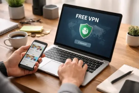 Arbeitsplatz mit Laptop und Smartphone, der das Geschäftsmodell eines kostenlosen VPNs veranschaulicht