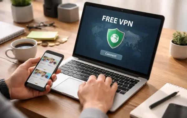 Arbeitsplatz mit Laptop und Smartphone, der das Geschäftsmodell eines kostenlosen VPNs veranschaulicht