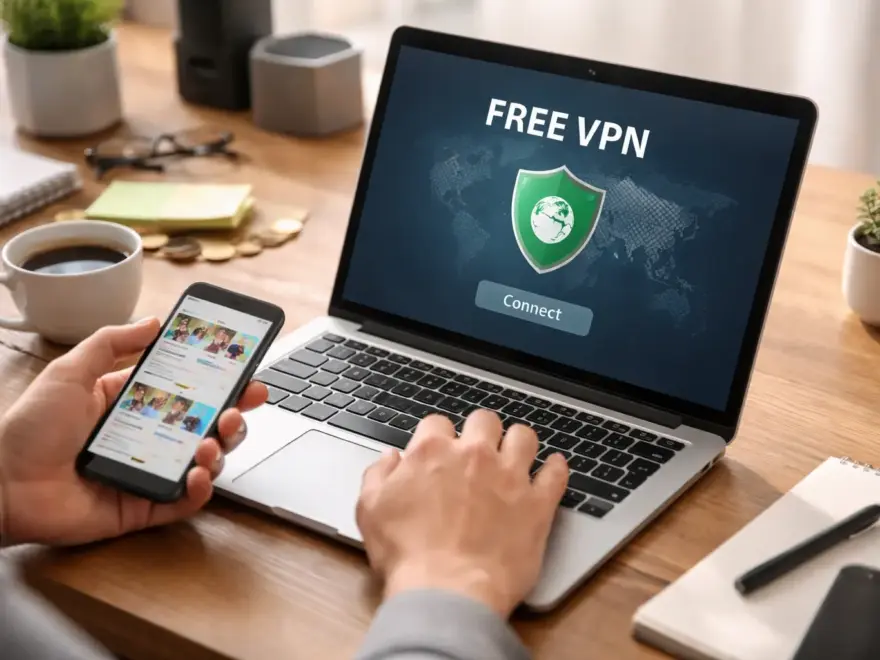 Arbeitsplatz mit Laptop und Smartphone, der das Geschäftsmodell eines kostenlosen VPNs veranschaulicht