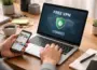 Arbeitsplatz mit Laptop und Smartphone, der das Geschäftsmodell eines kostenlosen VPNs veranschaulicht