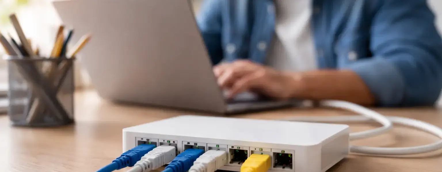 Netzwerk-Hub mit mehreren Ethernet-Kabeln im Heimnetzwerk