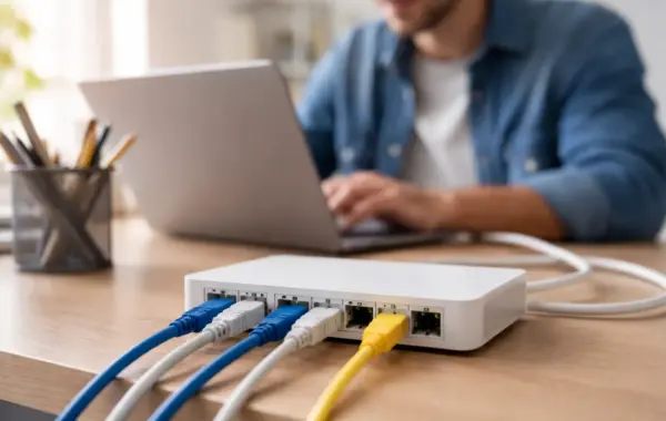Netzwerk-Hub mit mehreren Ethernet-Kabeln im Heimnetzwerk