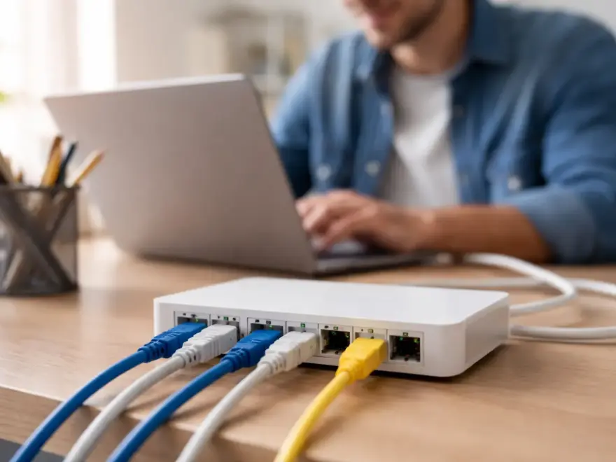 Netzwerk-Hub mit mehreren Ethernet-Kabeln im Heimnetzwerk