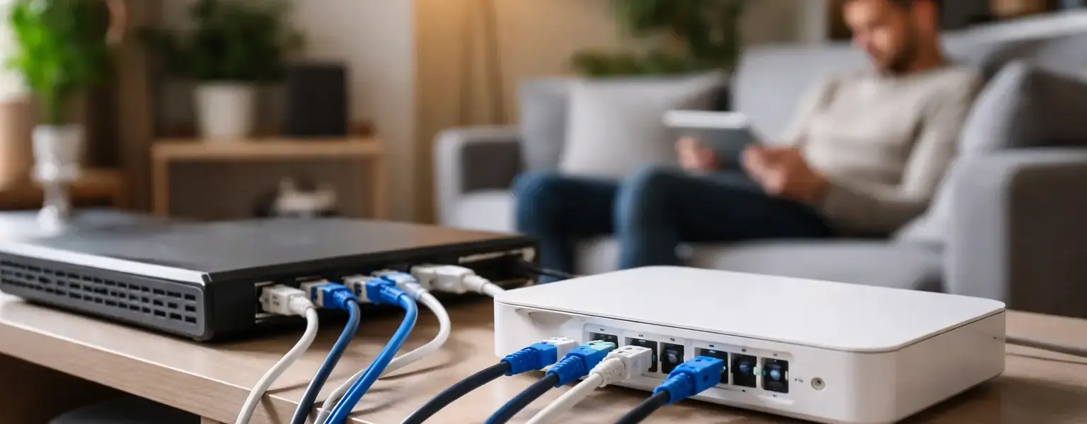 Netzwerkkabel verbinden Router und Switch im Heimnetzwerk