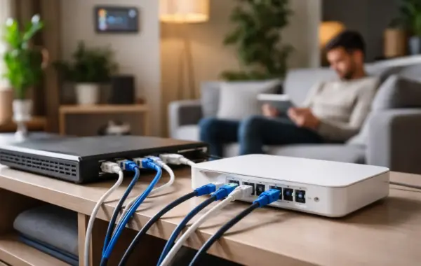 Netzwerkkabel verbinden Router und Switch im Heimnetzwerk