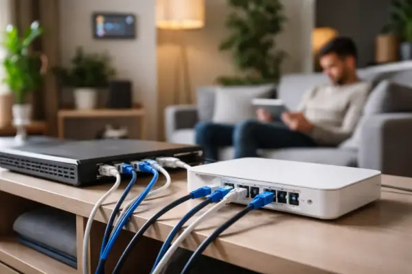 Netzwerkkabel verbinden Router und Switch im Heimnetzwerk