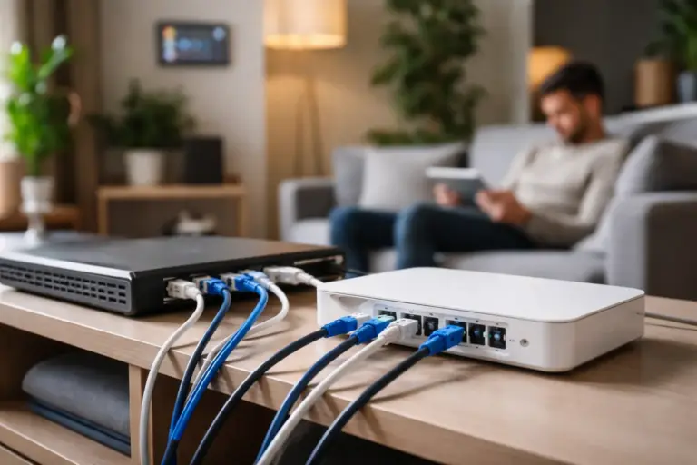 Netzwerkkabel verbinden Router und Switch im Heimnetzwerk