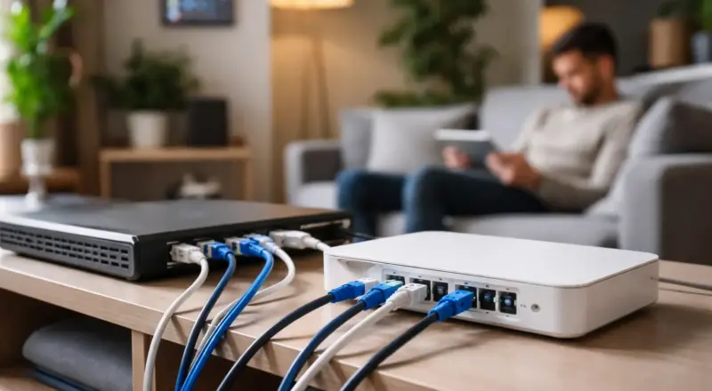 Netzwerkkabel verbinden Router und Switch im Heimnetzwerk