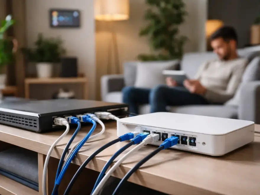 Netzwerkkabel verbinden Router und Switch im Heimnetzwerk