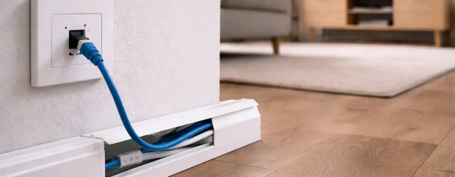 Netzwerkkabel verlegen im Kabelkanal entlang der Wand