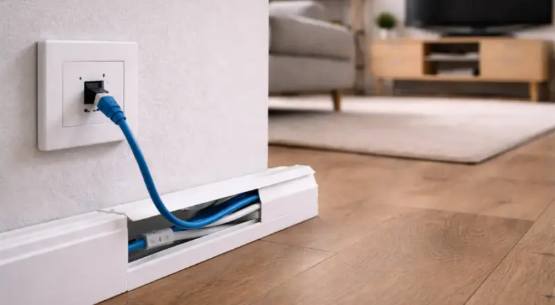 Netzwerkkabel verlegen im Kabelkanal entlang der Wand