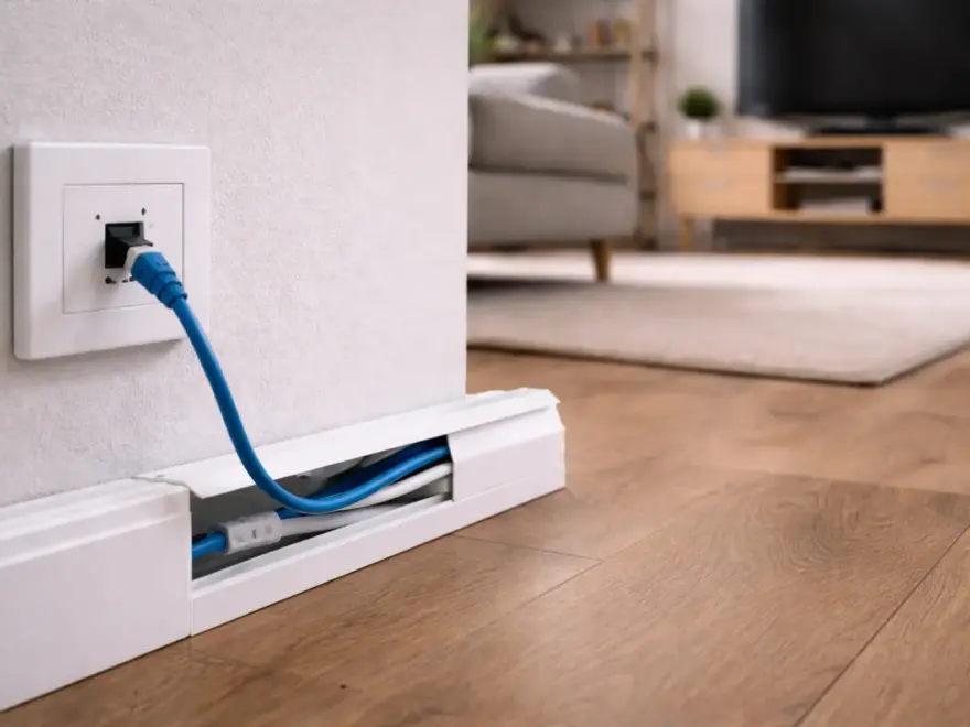 Netzwerkkabel verlegen im Kabelkanal entlang der Wand