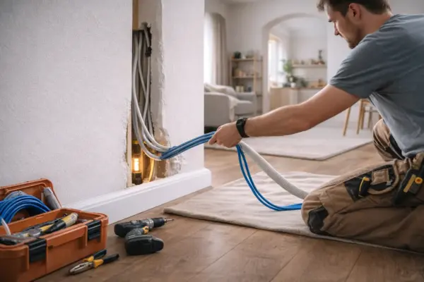 Netzwerkkabel verlegen im Haus durch Wand und Leerrohr