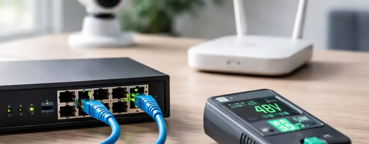 PoE-Switch versorgt IP-Kamera und WLAN-Access-Point über Netzwerkkabel