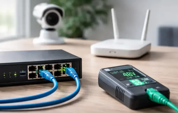 PoE-Switch versorgt IP-Kamera und WLAN-Access-Point über Netzwerkkabel
