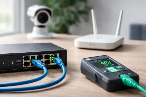 Power over Ethernet: Strom und Daten über ein Netzwerkkabel PoE-Switch versorgt IP-Kamera und WLAN-Access-Point über Netzwerkkabel