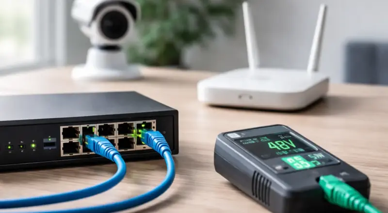 PoE-Switch versorgt IP-Kamera und WLAN-Access-Point über Netzwerkkabel