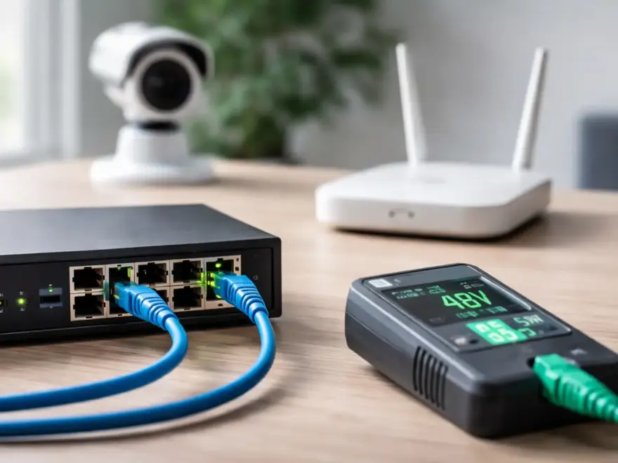 PoE-Switch versorgt IP-Kamera und WLAN-Access-Point über Netzwerkkabel