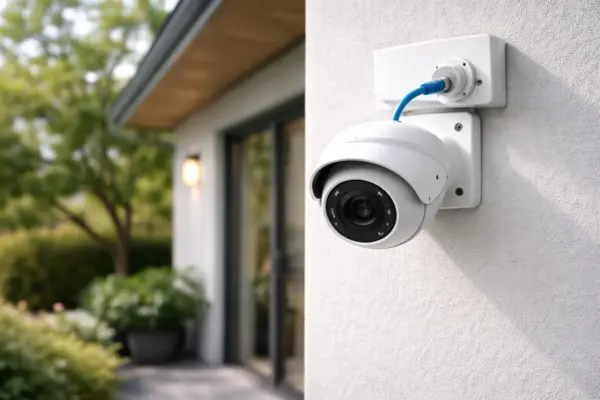 PoE-Kamera: Strom und Daten über ein Netzwerkkabel PoE-Überwachungskamera an Hauswand mit Netzwerkkabel montiert