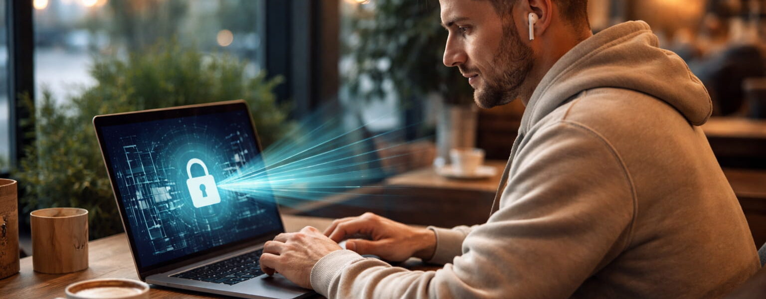 VPN schützt Daten im öffentlichen WLAN beim Arbeiten im Café