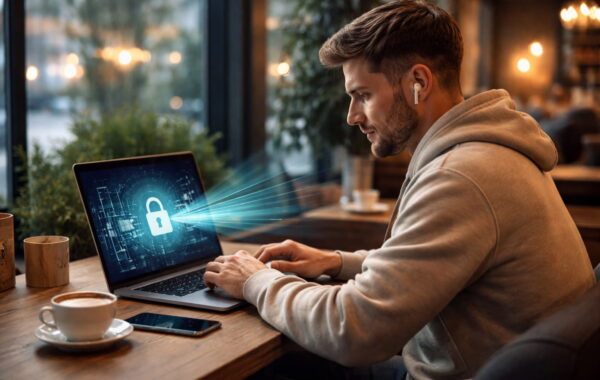 VPN schützt Daten im öffentlichen WLAN beim Arbeiten im Café