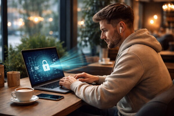 VPN nutzen: Sicher im öffentlichen WLAN arbeiten VPN schützt Daten im öffentlichen WLAN beim Arbeiten im Café