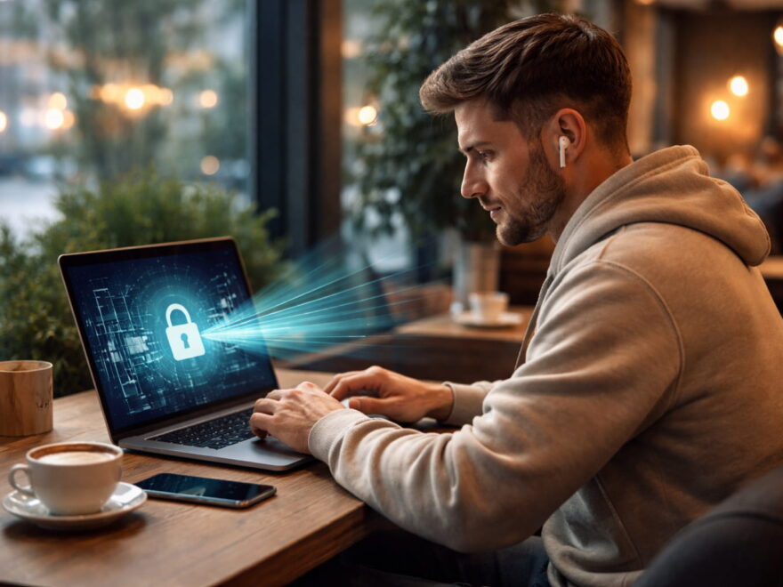 VPN schützt Daten im öffentlichen WLAN beim Arbeiten im Café