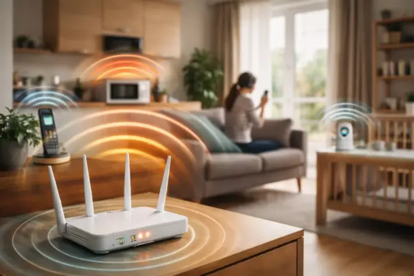 Funkumgebung und mögliche Störquellen im WLAN einschätzen WLAN-Router in Wohnumgebung mit möglichen Funkstörungen durch andere Geräte