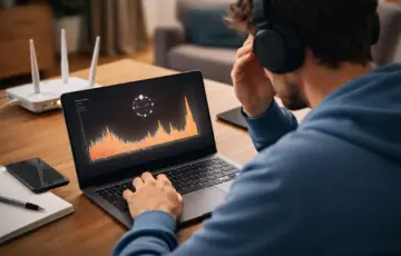 Laptop mit hoher WLAN-Latenz und sichtbaren Ping-Spikes auf dem Bildschirm