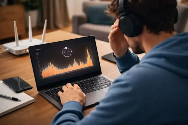 Laptop mit hoher WLAN-Latenz und sichtbaren Ping-Spikes auf dem Bildschirm