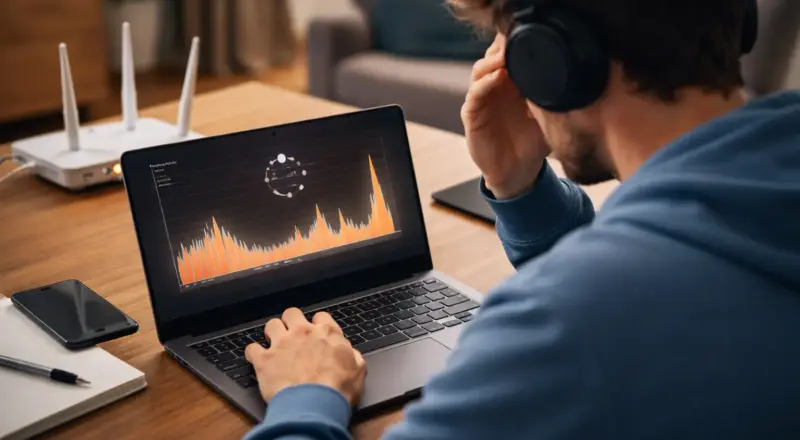 Laptop mit hoher WLAN-Latenz und sichtbaren Ping-Spikes auf dem Bildschirm